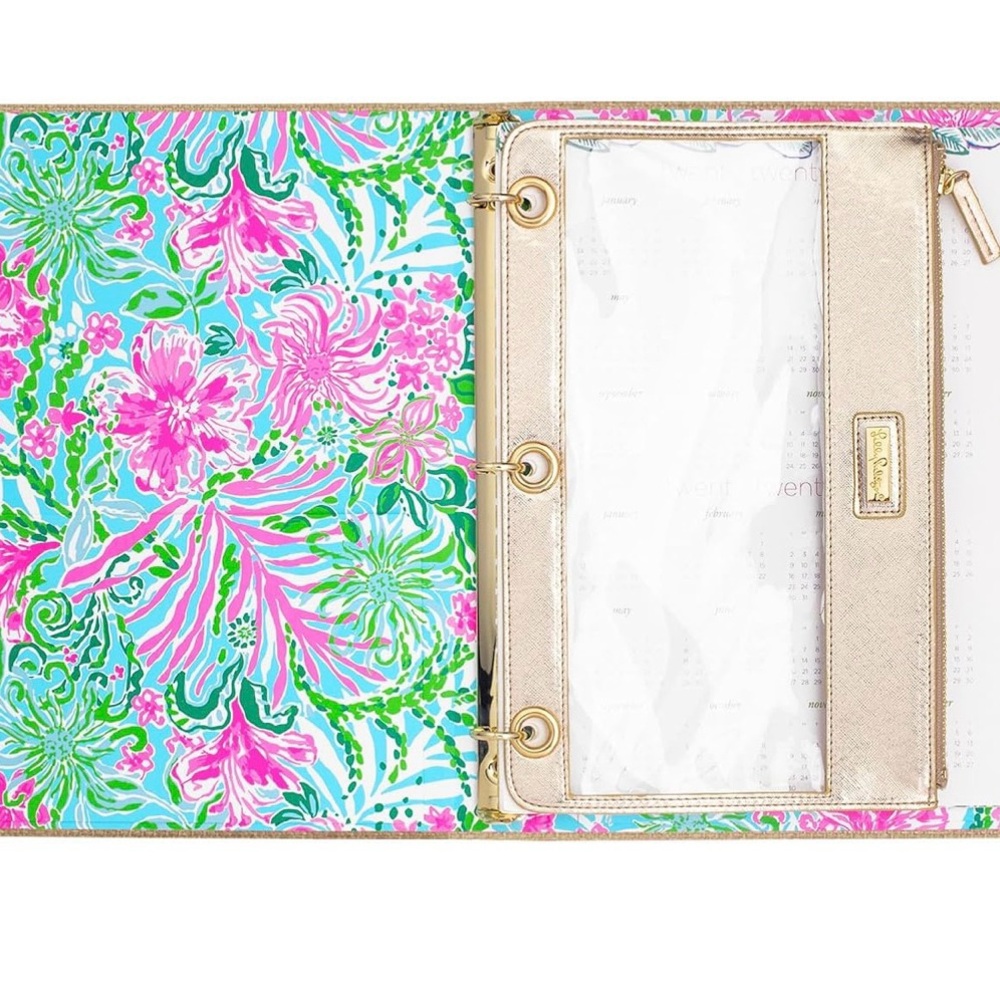 Lilly Pulitzer Tan and Gold Textured Binder with pencil holder and 2025 calendar - Picture 3 of 11